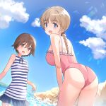  2girls alternate_costume ass blonde_hair blue_eyes blue_skirt blush braid breaking_wave breasts brown_eyes brown_hair clouds dutch_angle eyebrows_visible_through_hair hair_between_eyes highres horizontal-striped_shirt large_breasts leaning_forward long_hair looking_at_viewer lynette_bishop mejina miyafuji_yoshika multiple_girls ocean one-piece_swimsuit open_mouth pink_swimsuit rock sea_spray shore short_hair single_braid skirt small_breasts smile strike_witches swimsuit swimsuit_skirt water waves world_witches_series 