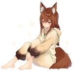  1girl :3 animal_ear_fluff animal_ears animal_hood bangs barefoot blush brown_hair commentary_request commission eyebrows_visible_through_hair fake_animal_ears full_body hair_between_eyes highres hood hood_down knees_up long_hair long_sleeves looking_at_viewer matsusaka_gyuu original puffy_long_sleeves puffy_sleeves red_eyes simple_background sitting skeb_commission solo starry_background tail white_background 