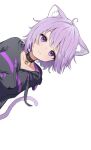  1girl ahoge animal_ear_fluff animal_ears bangs black_collar black_hoodie cat_ears cat_girl cat_tail closed_mouth collar eyebrows_visible_through_hair hololive hood hoodie looking_at_viewer nekomata_okayu purple_hair ruka_tou short_hair simple_background smile solo tail upper_body violet_eyes virtual_youtuber white_background 