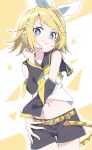  1girl blonde_hair closed_mouth ixy kagamine_rin midriff navel short_hair smile solo vocaloid 