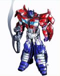  absurdres autobot blue_eyes clenched_hand gun highres holding holding_gun holding_weapon looking_to_the_side mecha nasutetsu no_humans optimus_prime science_fiction solo standing transformers weapon white_background 
