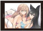  2girls absurdres animal_ear_fluff animal_ears ass bangs bare_shoulders black_hair blue_eyes blush bra breast_press breasts brown_hair cat_ears chain collarbone dog_ears eyebrows_visible_through_hair fingernails green_eyes guilty_princess highres interlocked_fingers long_hair looking_at_viewer medium_breasts multiple_girls non-web_source panties parted_lips shiny shiny_hair simple_background thigh-highs tony_taka underwear white_background white_legwear 