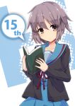  1girl bangs black_cardigan blue_sailor_collar blue_skirt book brown_eyes cardigan closed_mouth collarbone commentary expressionless eyebrows_visible_through_hair eyes_visible_through_hair h hair_between_eyes holding holding_book kita_high_school_uniform long_sleeves looking_at_viewer nagato_yuki open_book open_cardigan open_clothes purple_hair red_ribbon ribbon sailor_collar school_uniform serafuku short_hair skirt solo suzumiya_haruhi_no_yuuutsu yutsuki_utau 