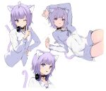  1girl ;) ahoge animal_ear_fluff animal_ears bangs black_collar cat_ears cat_girl cat_tail collar eyebrows_visible_through_hair grin headphones headphones_around_neck highres hololive long_sleeves looking_at_viewer multiple_views neck_ribbon nekomata_okayu one_eye_closed parted_lips purple_hair ribbon ruka_tou shirt short_hair smile tail violet_eyes virtual_youtuber white_shirt 