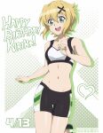  1girl absurdres akatsuki_kirika bike_shorts black_shorts blonde_hair blush breasts character_name chuunioniika dated green_eyes happy_birthday highres looking_at_viewer medium_breasts navel open_mouth senki_zesshou_symphogear shiny shiny_hair shiny_skin short_hair shorts smile solo sports_bra standing 