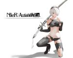  1girl absurdres bangs bare_shoulders black_gloves black_legwear blue_eyes breasts elbow_gloves gloves hair_between_eyes hairband highres holding holding_sword holding_weapon katana kneeling looking_at_viewer mizu_(dl7613) nier_(series) nier_automata scar shadow short_hair silver_hair simple_background solo sports_bra squatting sword thigh-highs torn_clothes torn_legwear vest weapon white_background white_hair yorha_no._2_type_b 