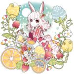  1girl animal_ears apron arm_support bangs blue_background blunt_bangs commentary daisy dress easter egg eyebrows_visible_through_hair flower food frilled_dress frills fruit gradient gradient_background leaf light_smile long_sleeves looking_at_viewer murasaki_daidai_etsuo musical_note orange_(fruit) orange_slice original plant puffy_sleeves rabbit_ears red_dress red_eyes red_flower red_rose rose short_hair signature solo strawberry upper_body vines wavy_hair white_apron white_background white_flower white_hair 