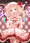  1girl absurdres allymidorikawa alternate_costume apron blonde_hair blush candy chocolate crystal flandre_scarlet food hat hat_ribbon heart highres mob_cap open_mouth red_eyes red_ribbon ribbon side_ponytail skirt solo thigh-highs touhou valentine wings wrist_cuffs 
