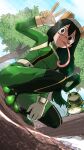  1girl absurdres animal asui_tsuyu black_eyes black_hair blue_sky bodysuit boku_no_hero_academia breasts clouds cloudy_sky facepaint fcgc_(friedalwaysgood) frog frog_girl full_body gloves goggles goggles_on_head green_bodysuit green_hair hair_between_eyes hair_rings highres horizontal_pupils long_hair long_tongue looking_at_viewer looking_back low-tied_long_hair medium_breasts sky solo squatting tongue tongue_out tree v white_gloves 