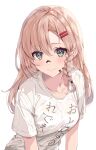  1girl absurdres blonde_hair blush braid breasts character_request closed_mouth copyright_request green_eyes hair_ornament hairclip highres long_hair looking_at_viewer medium_breasts nekur shirt smile solo t-shirt transparent_background upper_body virtual_youtuber white_shirt 