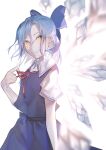  1girl absurdres blue_bow blue_hair bow cirno collared_shirt commentary_request ear_piercing eyes_visible_through_hair hair_bow highres holding holding_ribbon ice ice_wings looking_at_viewer neck_ribbon piercing red_ribbon ribbon seta_1005 shirt smile solo touhou white_shirt wings yellow_eyes 