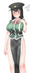  1girl absurdres akitsu_maru_(kancolle) black_eyes black_hair blush bow bowtie breasts cosplay dated green_shirt hat highres kantai_collection large_breasts maru_(marg0613) military_hat nose_blush one-hour_drawing_challenge peaked_cap pelvic_curtain red_bow red_bowtie shirt short_hair side_slit simple_background solo standing tone_(kancolle) tone_(kancolle)_(cosplay) tone_kai_ni_(kancolle) tone_kai_ni_(kancolle)_(cosplay) twitter_username white_background 