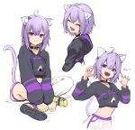  1girl :d ahoge animal_ears bangs black_collar black_hoodie cat_ears cat_girl cat_tail closed_eyes collar cropped_hoodie eyebrows_visible_through_hair hair_between_eyes highres hololive hood hoodie indian_style looking_at_viewer medium_hair midriff nekomata_okayu nyan pants purple_hair ruka_tou shoes sitting smile tail v_arms violet_eyes virtual_youtuber white_pants 