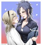  2girls angelia_(girls&#039;_frontline) artist_name bangs black_hairband black_nails black_shirt blonde_hair blue_eyes blue_hair blue_shirt blush breasts brown_eyes collarbone commission darkpulsegg english_commentary eyebrows_visible_through_hair french_kiss girls_frontline hair_ornament hairband hairclip hand_on_own_head heart heart_print highres hug hug_from_behind jewelry kiss lips long_hair looking_at_another medallion medium_breasts multiple_girls nail_polish necklace open_mouth parted_lips saliva saliva_trail scar_on_breasts shaw_(girls&#039;_frontline) shirt simple_background smile teeth tongue tongue_out turtleneck upper_body upper_teeth white_robe yuri 