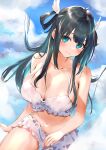  1girl amano_nene_(vtuber) bangs black_hair blush breasts clouds gradient_hair green_eyes hand_on_own_thigh highres kasumi_komo large_breasts lingerie looking_at_viewer multicolored_hair nail_polish navel production_kawaii sitting_on_cloud sky smile thighs underwear wing_hair_ornament 