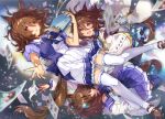  1girl agnes_tachyon_(umamusume) animal_ears bangs blue_bow blue_bowtie blurry blurry_foreground book bow bowtie brown_hair chemical_structure full_body hair_between_eyes highres holding holding_book horse_ears horse_girl labcoat looking_at_viewer messy_hair multiple_views red_eyes short_hair thigh-highs umamusume white_legwear yanyo_(ogino_atsuki) 