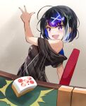  1girl ahoge bangs black_hair black_shirt blue_nails chair eyebrows_visible_through_hair hand_up highres himekawa_hibiki mahjong mahjong_soul mahjong_table mahjong_tile multicolored_hair nail_polish off-shoulder_shirt off_shoulder open_mouth shirt solo sparkle throwing v_hasegawa violet_eyes yostar 