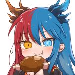  1girl bangs blue_eyes blue_hair blue_horns blush bow bowtie breasts bright_pupils chibi commission commissioner_upload dragon_girl dragon_horns eating eyebrows_visible_through_hair food heterochromia horns inferna_dragnis long_hair long_sleeves meat monster_girl multicolored_hair orange_eyes original puffy_sleeves red_horns redhead solo split-color_hair symbol-shaped_pupils two-tone_hair usagi1923 white_background white_pupils 