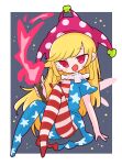  1girl american_flag_dress american_flag_pants bangs blonde_hair blush blush_stickers border breasts clownpiece commentary_request dress eyebrows_visible_through_hair fairy_wings fire grey_background hand_up hat highres holding holding_torch jester_cap long_hair medium_breasts neck_ruff no_shoes op_na_yarou pants pantyhose pink_eyes pink_headwear polka_dot short_sleeves sidelocks simple_background sitting solo star_(symbol) star_print striped striped_dress striped_pants torch touhou white_border wings 
