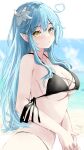  1girl absurdres ahoge bangs beach bikini black_bikini blurry blurry_background breasts commentary elf eyebrows_visible_through_hair flower hair_flower hair_ornament heart_ahoge highres hololive light_blue_hair long_hair looking_at_viewer medium_breasts outdoors own_hands_clasped own_hands_together pointy_ears solo string_bikini swimsuit tazrn1 upper_body virtual_youtuber wet yellow_eyes yukihana_lamy 