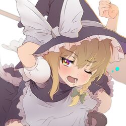  1girl bad_id bad_twitter_id blonde_hair blurry blush bow braid broom depth_of_field dutch_angle eyebrows_visible_through_hair hat hat_bow kirisame_marisa long_hair lower_teeth one_eye_closed open_mouth puffy_short_sleeves puffy_sleeves shiroi_karasu short_sleeves simple_background solo teeth touhou white_background white_bow witch_hat yawning yellow_eyes 