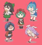  &gt;_&lt; 5girls :d animal_ears asymmetrical_footwear bangs bird_wings black_hair black_skirt black_wings blue_bow blue_dress blue_hair blush bow burger cabbie_hat cirno citrus_(place) closed_eyes dress food full_body green_hair green_skirt hair_bow hat hat_ornament heart ice ice_wings jiangshi kagiyama_hina long_hair mismatched_footwear miyako_yoshika multiple_girls necktie ofuda open_mouth purple_hair purple_headwear rabbit_ears red_background red_dress red_eyes red_necktie red_shirt reisen_udongein_inaba reiuji_utsuho shirt short_hair short_sleeves simple_background skirt smile star_(symbol) star_hat_ornament sweat third_eye touhou white_shirt wings 