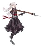  1girl :o absurdres alternate_costume alternate_hair_color bangs battle_rifle bayonet black_dress black_gloves breasts dress elbow_gloves eyebrows_visible_through_hair full_body girls_frontline gloves green_eyes gun hair_ornament highres holding holding_gun holding_weapon long_hair looking_at_viewer m1903_springfield mechanical_legs medium_breasts mutugorou_u open_mouth rifle sangvis_ferri silver_hair solo springfield_(girls&#039;_frontline) standing weapon white_background 
