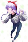  1girl alternate_costume bangs black_footwear blue_pants braid casual denim eyebrows_visible_through_hair full_body hairband highres jeans long_hair long_sleeves looking_at_viewer makicha_(sasurainopink) new_game! pants purple_hair red_hairband shirt shoes smile solo striped striped_shirt suzukaze_aoba twin_braids vertical-striped_shirt vertical_stripes violet_eyes white_background white_shirt 