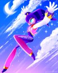  1other absurdres blue_eyes bodysuit clouds cloudy_sky flying gloves hat highres jester jester_cap long_sleeves moon nights_(character) nights_into_dreams profile sega sky smile solo teeth vest white_gloves 