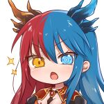  1girl bangs blue_eyes blue_hair blue_horns blush bow bowtie breasts bright_pupils chibi commission commissioner_upload dragon_girl dragon_horns eyebrows_visible_through_hair heterochromia horns inferna_dragnis long_hair long_sleeves monster_girl multicolored_hair non-web_source open_mouth orange_eyes original puffy_sleeves red_horns redhead solo sparkle split-color_hair surprised symbol-shaped_pupils two-tone_hair usagi1923 white_background white_pupils 