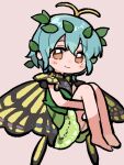  1girl antennae aqua_hair barefoot butterfly_wings closed_mouth dress eternity_larva eyebrows_visible_through_hair fairy full_body green_dress hair_between_eyes leaf leaf_on_head multicolored_clothes multicolored_dress sasa_kichi short_hair short_sleeves smile solo touhou wings yellow_eyes 