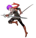  armor breasts cape dual_wielding fire_emblem fire_emblem:_three_houses fire_emblem_warriors fire_emblem_warriors:_three_hopes gloves hair_over_one_eye highres holding holding_weapon knee_pads kurahana_chinatsu long_hair official_art orange_cape purple_hair shez_(fire_emblem) shez_(fire_emblem)_(male) short_hair sword violet_eyes weapon 