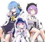 3girls absurdres apex_legends beret black_bow black_headwear black_serafuku black_skirt blue_eyes blue_hair blue_skirt blush bow breasts collared_shirt felutiahime frilled_shirt frills grey_sweater hair_behind_ear hat high-waist_skirt highres hololive hoshimachi_suisei juice_box medium_breasts minato_aqua multiple_girls nervous off_shoulder pointy_ears purple_hair school_uniform serafuku shirt short_hair side_bun sitting skirt sleeveless sleeveless_shirt sweater tail tokoyami_towa virtual_youtuber white_background