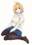  1girl arcueid_brunestud bangs black_legwear blonde_hair blue_skirt blush boots breasts eyebrows_visible_through_hair highres large_breasts long_sleeves looking_at_viewer pantyhose red_eyes rolling_anco short_hair simple_background sitting skirt smile solo sweater thighs tsukihime tsukihime_(remake) turtleneck turtleneck_sweater white_background white_sweater 