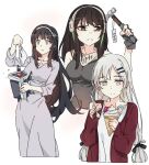  3girls black_hair breasts brown_eyes commentary contemporary dinergate_(girls&#039;_frontline) dress eyebrows_visible_through_hair food frown girls_frontline green_hair grey_eyes hair_ornament hair_ribbon hairband hairclip hammer headgear holding holding_clothes holding_food holding_hammer holding_panties holding_spoon holding_underwear ice_cream ice_cream_cone korean_commentary large_breasts m4a1_(girls&#039;_frontline) multicolored_hair multiple_girls panties price_tag ribbon robot sidarim simple_background sleeveless spoon streaked_hair svd_(girls&#039;_frontline) twintails type_95_(girls&#039;_frontline) underwear upper_body white_background white_hair white_panties yellow_eyes 