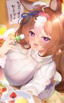 1girl absurdres ahoge akiba_monaka alternate_costume animal_ears breasts brown_hair casual commentary_request dango food headband highres horse_ears large_breasts looking_at_viewer meisho_doto_(umamusume) open_mouth solo sweater sweets tears umamusume violet_eyes wagashi 