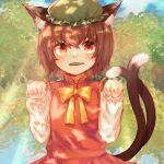  1girl :3 animal_ear_fluff animal_ears blush bow bowtie brown_hair cat_ears cat_tail chen day earrings eyebrows_visible_through_hair fang green_headwear hat highres jewelry long_sleeves looking_at_viewer mob_cap mouth_hold multiple_tails nekomata outdoors paw_pose shirt short_hair single_earring solo tail touhou tree two_tails upper_body uzuz_(xvhm5584) vest yellow_bow 