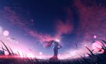  1girl absurdres adjusting_hair arms_behind_head blurry bokeh cowboy_shot depth_of_field fantasy glowing grass hair_tie_in_mouth halo highres long_sleeves mouth_hold nengoro original ponytail red_clouds red_skirt scenery scrunchie shirt signature skirt sky sunset white_shirt 