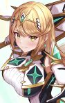  1girl armor bangs blonde_hair blush breasts chest_jewel earrings eyebrows_visible_through_hair highres holding holding_sword holding_weapon jewelry large_breasts long_hair looking_at_viewer mythra_(xenoblade) over_shoulder shoulder_armor smile solo sword sword_over_shoulder taro_(peach_taro51) tiara weapon weapon_over_shoulder white_background xenoblade_chronicles_(series) xenoblade_chronicles_2 yellow_eyes 