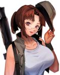  1girl bangs baseball_cap breasts brown_eyes brown_hair brown_vest commentary_request crop_top fio_germi glasses gun hat hat_removed headwear_removed highres holding holding_clothes holding_hat large_breasts madsensei metal_slug open_mouth parted_bangs rifle round_eyewear simple_background tank_top upper_body vest weapon white_background white_tank_top 