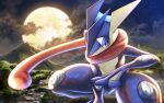  akky_(akimi1127) between_legs clouds cloudy_sky commentary_request full_moon greninja hand_between_legs highres long_tongue looking_at_viewer moon mountain night night_sky no_humans outdoors pokemon pokemon_(creature) red_eyes river sky solo squatting tongue water 