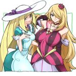  2girls apron aqua_dress bare_shoulders blonde_hair breasts choker closed_mouth collarbone commentary_request cosplay covered_navel crown cynthia_(pokemon) dress elbow_gloves gloves green_eyes grey_eyes hair_over_one_eye hat highres kenchi large_breasts lillie_(pokemon) lillie_(pokemon)_(cosplay) long_hair looking_at_viewer lusamine_(pokemon) medium_breasts mini_crown multiple_girls pokemon pokemon_(game) pokemon_masters_ex red_dress shaded_face sleeveless sleeveless_dress smile sonia_(pokemon) sonia_(pokemon)_(cosplay) standing striped striped_dress sun_hat very_long_hair 