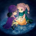  1boy 1girl belt bianca_(dq5) black_hair blonde_hair boots bracelet braid cape dragon_quest dragon_quest_v dress earrings green_cape green_eyes hat healing hero_(dq5) jewelry kato_sayaka long_hair looking_at_another magic orange_dress purple_cape tears turban twin_braids twintails younger 