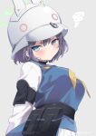  1girl arms_behind_back belt_pouch blue_archive blue_eyes blue_hair blush breasts commentary grey_background hair_between_eyes halo helmet ica large_breasts looking_at_viewer pouch saki_(blue_archive) school_uniform short_hair simple_background solo 