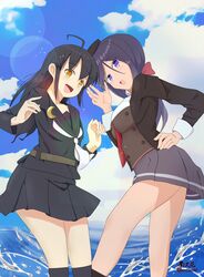  2girls absurdres ariake_(kancolle) bangs beret black_hair black_headwear black_jacket black_legwear black_serafuku blazer blue_sky clouds collared_shirt commentary_request crescent crescent_pin from_behind from_below grey_skirt hat highres jacket kantai_collection kneehighs long_hair long_sleeves looking_at_viewer low_ponytail mikazuki_(kancolle) multiple_girls nantenka necktie one-hour_drawing_challenge pleated_skirt purple_hair red_necktie school_uniform serafuku shirt skirt sky standing violet_eyes white_necktie white_shirt 