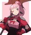  1girl alternate_costume alternate_hairstyle armor axe battle_axe blush closed_mouth clothing_cutout do_m_kaeru dress earrings fire_emblem fire_emblem:_three_houses fire_emblem_warriors:_three_hopes freikugel_(weapon) gloves hair_bun hand_on_hip hilda_valentine_goneril holding holding_axe holding_weapon hoop_earrings jewelry looking_at_viewer official_alternate_costume official_alternate_hairstyle one_eye_closed pink_eyes pink_gloves pink_hair puffy_short_sleeves puffy_sleeves short_hair short_sleeves shoulder_armor smile solo upper_body weapon 