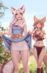 2girls :d animal_ear_fluff animal_ears ankle_wrap armband artist_name bare_arms bare_shoulders blonde_hair blue_eyes blue_sky blurry blurry_background breasts clothes_lift commentary day dress dress_lift ear_piercing earrings fangs food fox_ears fox_tail freckles frown fruit grass heterochromia highres jewelry khiara_(personal_ami) lifted_by_self long_hair looking_at_viewer looking_away losse_(personal_ami) low_twintails medium_breasts medium_hair multiple_girls navel necklace open_mouth original outdoors peach pelvic_curtain personal_ami piercing skirt skirt_basket skirt_under_dress sky sleeveless sleeveless_dress smile symbol-only_commentary tail thick_eyebrows thigh_gap thighs tooth_necklace twintails white_hair white_skirt yellow_eyes