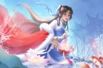  absurdres black_hair blue_dress building dress flower highres koi lotus smile splashing twintails water xian_jian_qi_xia_zhuan zhao_ling_er_shao_guan_lu zhao_linger 
