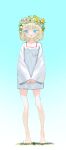  1girl bare_legs barefoot blonde_hair blue_eyes blush commentary dress eyebrows_visible_through_hair flower_wreath full_body gradient gradient_background head_wreath highres kaede_(shijie_heping) looking_at_viewer open_mouth original own_hands_together short_hair sketch sleeves_past_wrists smile solo white_dress wide_sleeves wreath 
