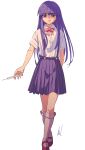  1girl bangs blunt_bangs bow bowtie dress_shirt furude_rika highres higurashi_no_naku_koro_ni kneehighs long_hair looking_at_viewer mac_naut pink_bow pink_bowtie pleated_skirt purple_hair purple_skirt shirt short_sleeves skirt solo uniform violet_eyes white_background white_legwear 